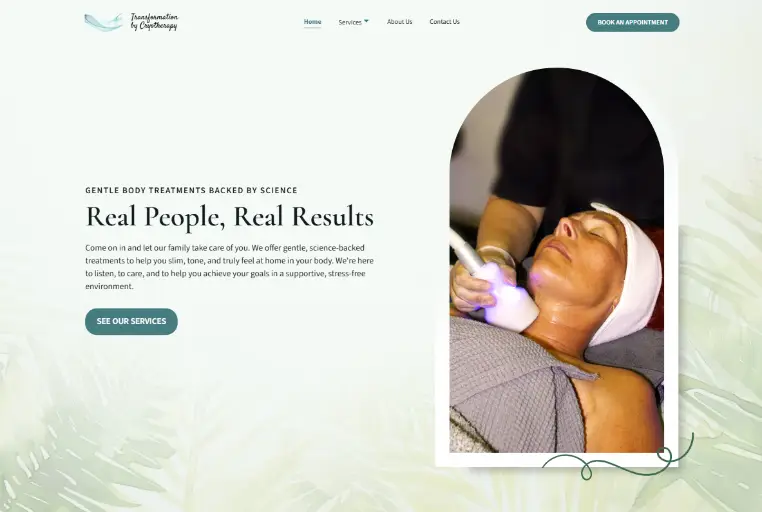 A warm and inviting website design for a cryotherapy wellness studio, featuring a spa-like aesthetic.
